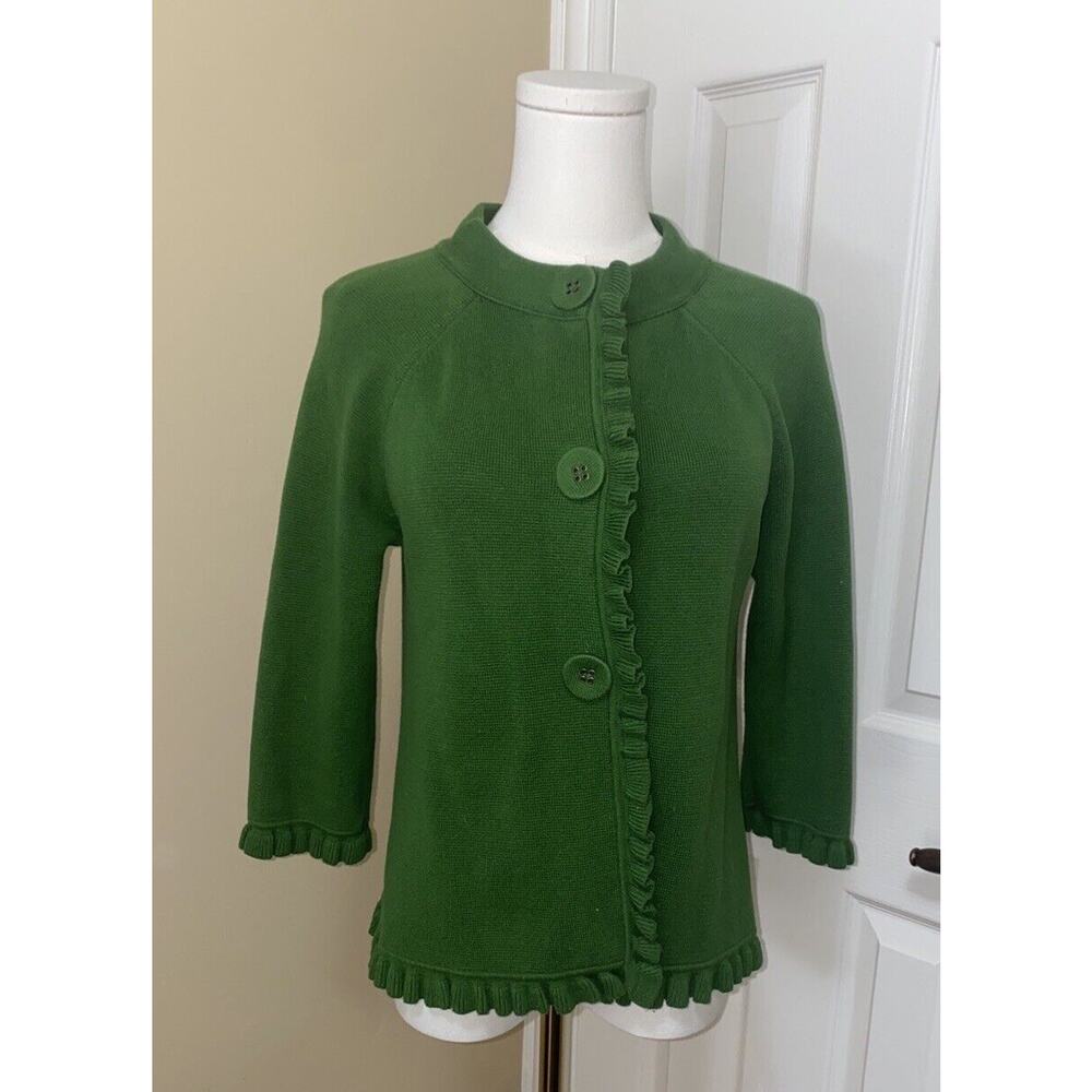Boden Emerald Button-Up Sweater with Ruffle Detail